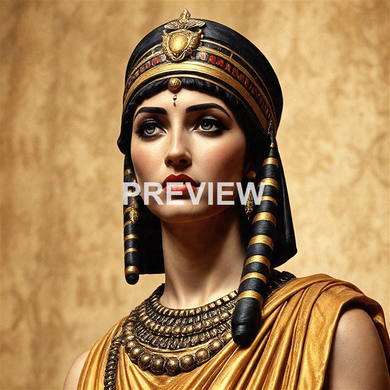 A woman dressed as an ancient Egyptian queen or goddess, wearing elaborate gold and black headgear with a cobra symbol, heavy jewelry, and a golden garment, set against a textured gold background.
